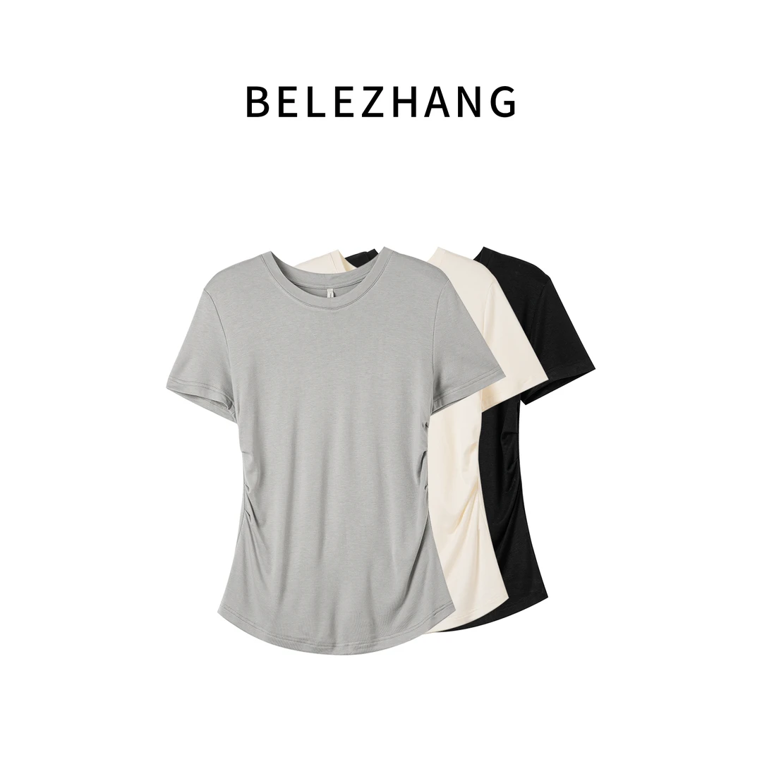 BELE ZHANG 夏季新款百搭显瘦打底衫女ins修身掐腰T恤-3914