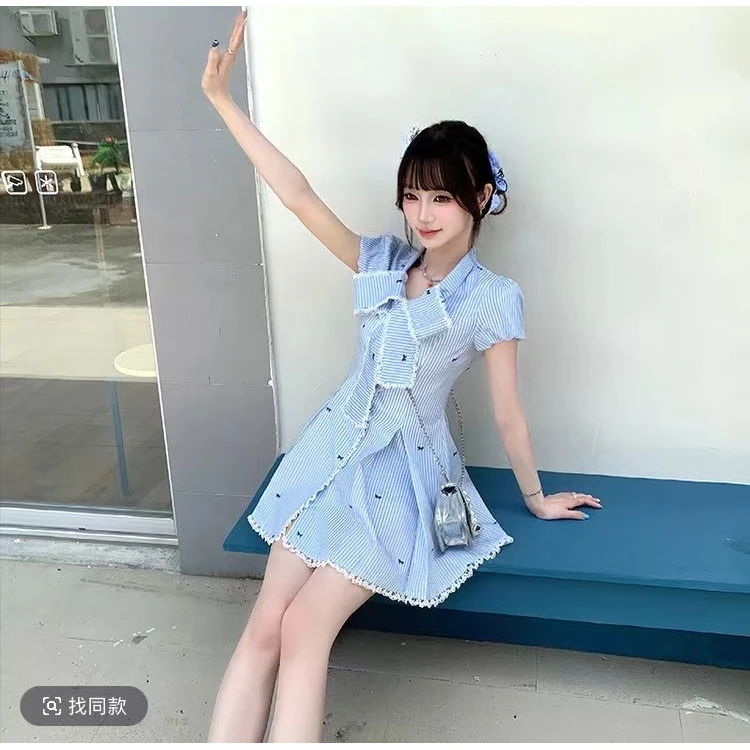 蝴蝶蓝调 织物猪原创 甜美风花边泡泡袖连衣裙女夏蝴蝶结减龄短裙