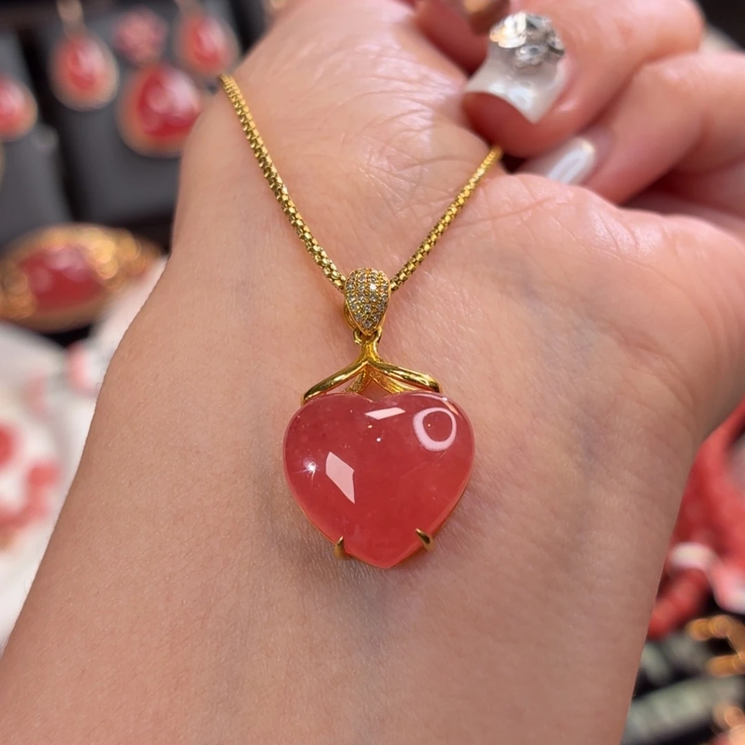 菱锰矿（红纹石）18K金镶嵌吊坠(赠链)