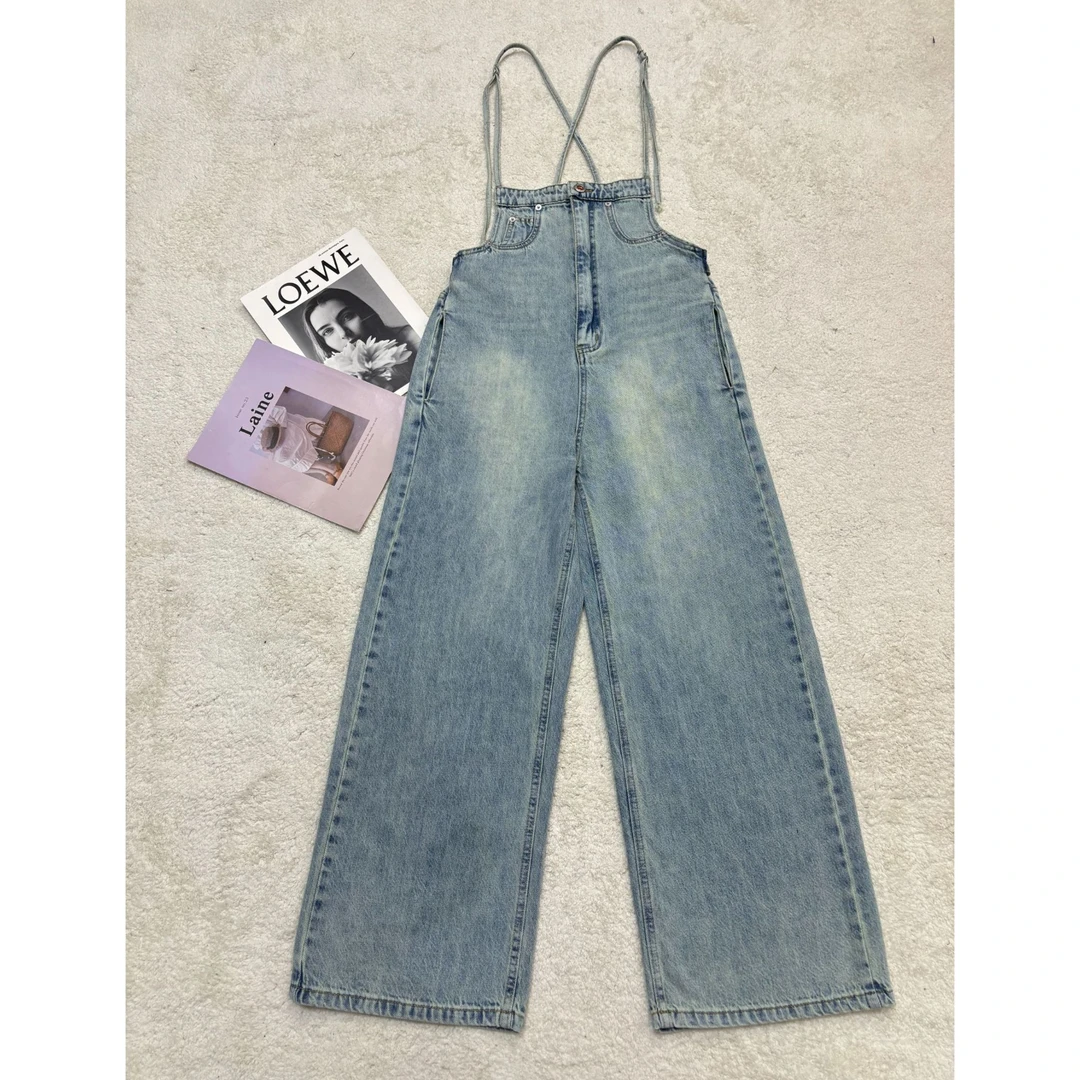 2025新款减龄复古水洗细肩带直筒牛仔背带裤25030