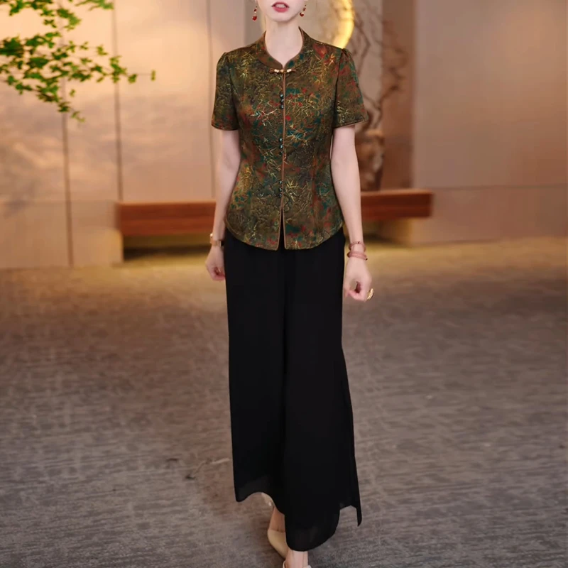 国风洋气套装女2025夏季新款妈妈装气质显瘦减龄小衫阔腿裤两件套