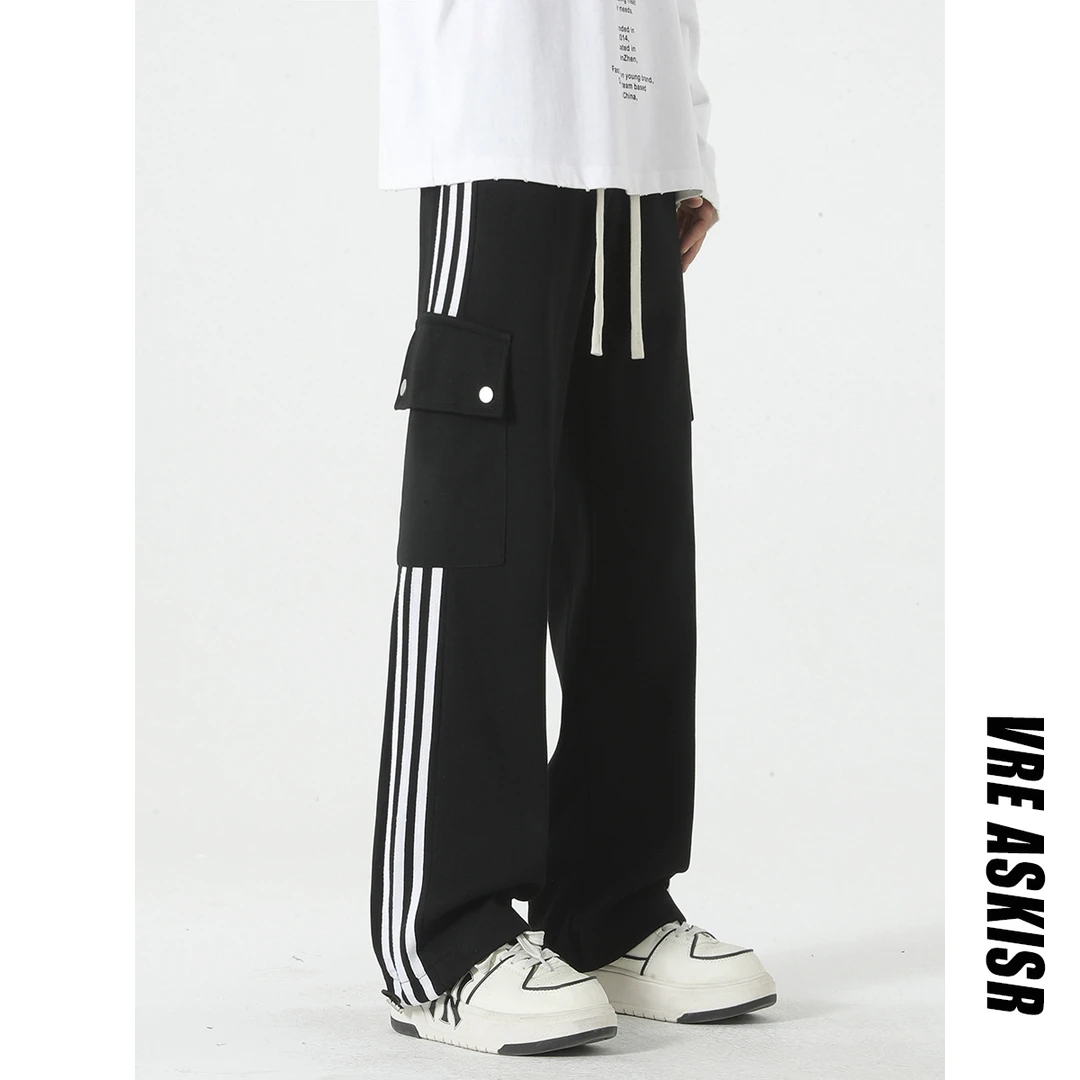 ASKISR卫裤条纹复古直筒秋季裤子嘻哈夏季潮流阔腿宽松百搭运动裤