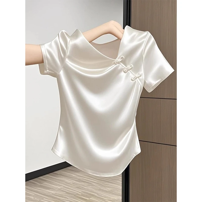 新中式国风盘扣短袖衬衫女夏季大码胖mm独特减龄好看斜襟小衫上衣