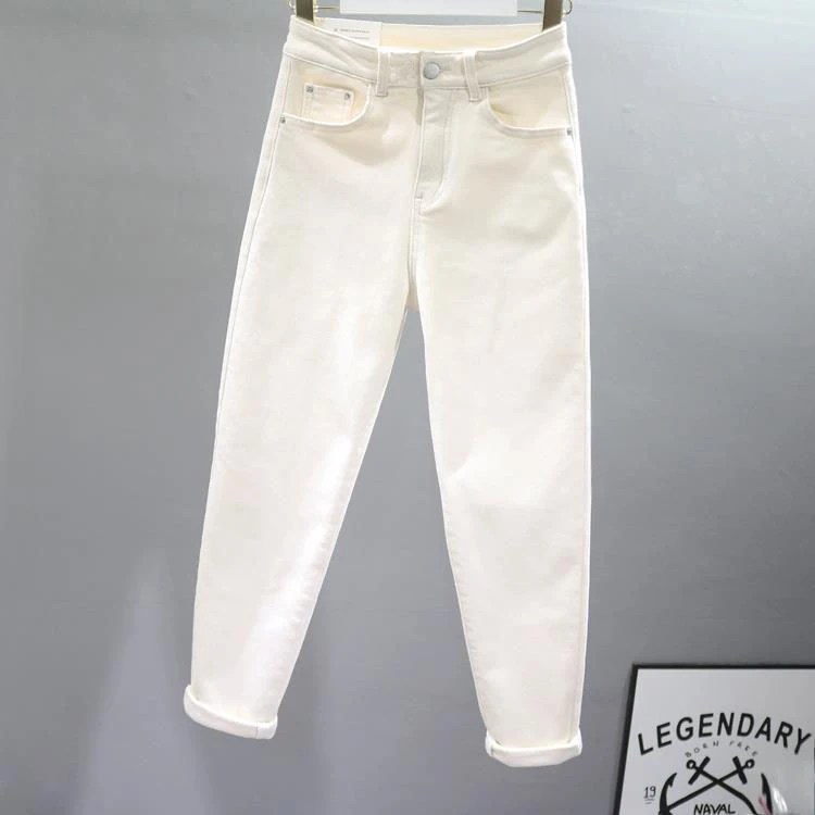 米白色牛仔裤冬季加绒加厚新款高腰宽松显瘦大码哈伦老爹小脚裤女