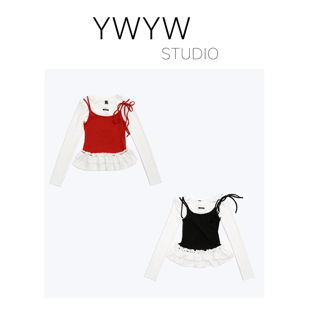 【YWYW25S/S】春季假两件撞色拼接INS风波浪纹层叠下摆长袖T恤3850