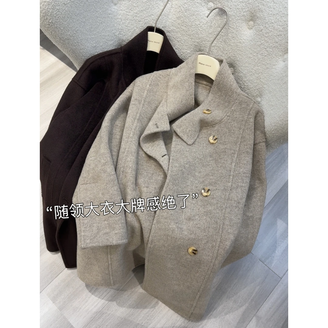 随领羊毛双面呢大衣」加厚冬季宽松中长款通勤时尚保暖毛呢外套（86