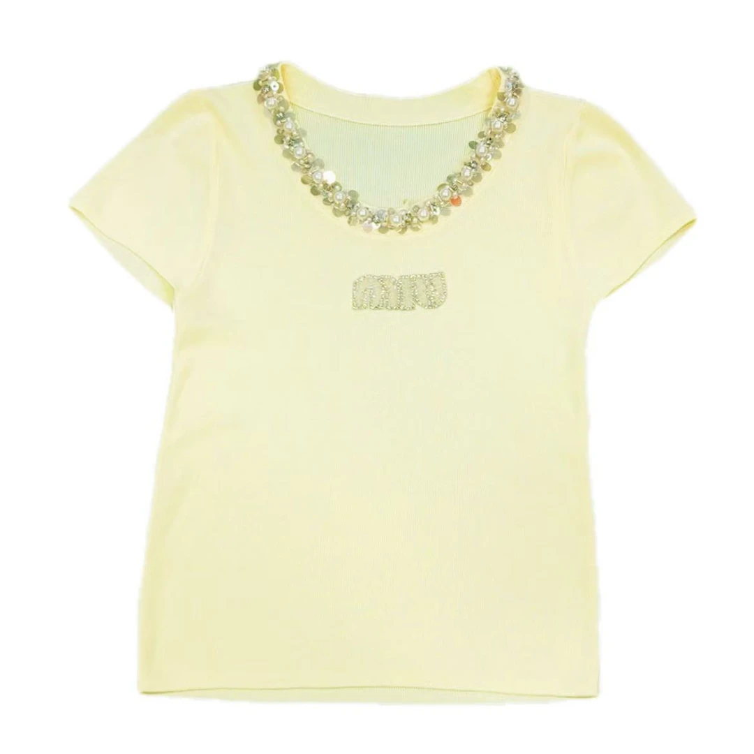 <猪猪出品>2025春夏上新时尚休闲女士夏季圆领钉珠浅黄色短袖t恤