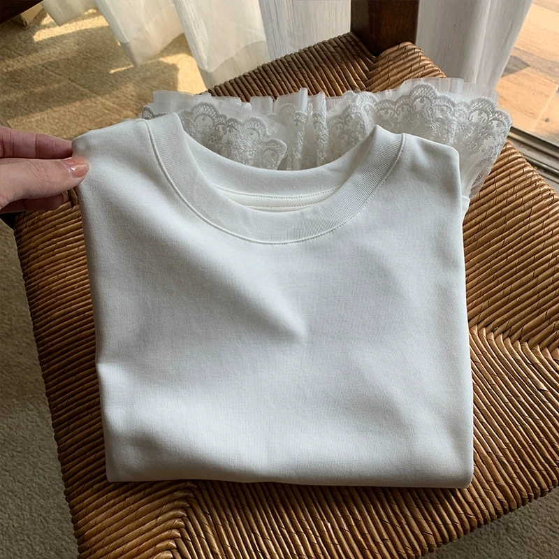 白色纯欲拼接下摆蕾丝花边短袖t恤女春季新款打底衫修身正肩上衣