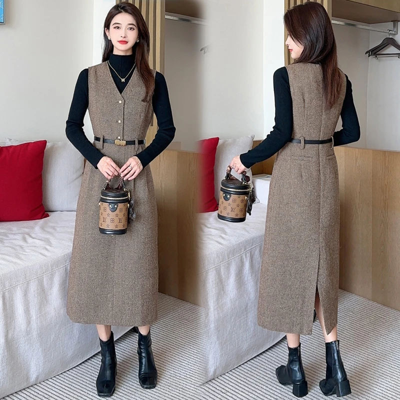 2025秋冬时尚气质显瘦法式长袖收腰洋气毛呢背心连衣裙套装中长款