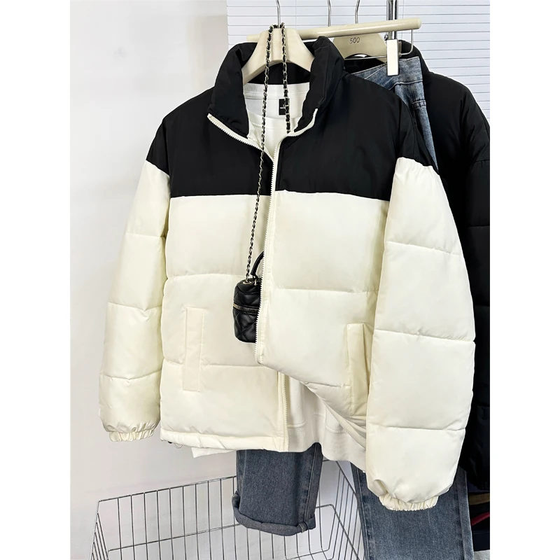 韩版设计感撞色立领棉服女装冬季新款宽松大码加厚保暖棉衣外套潮