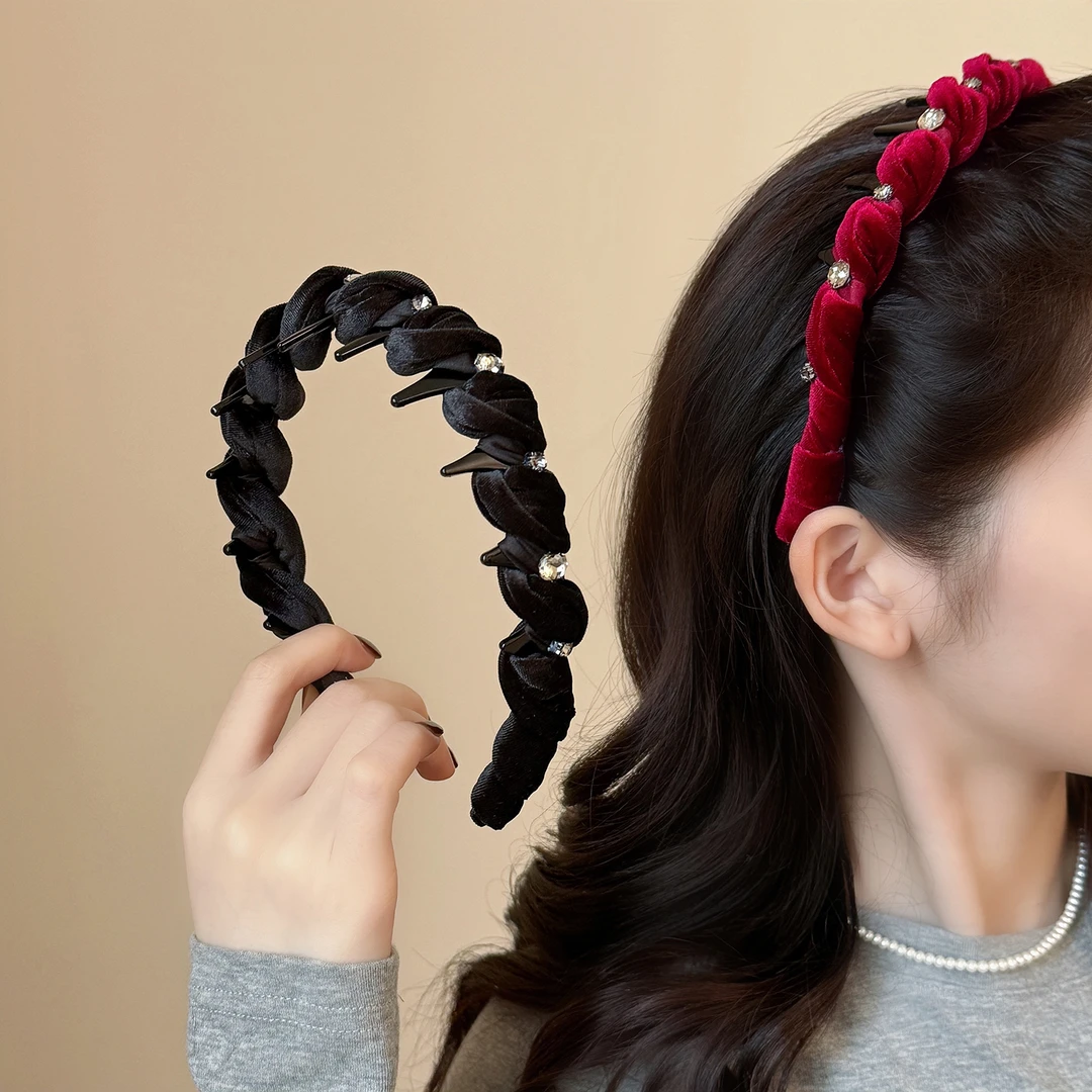 轻奢百搭纯色丝绒水钻波浪发箍女2025新款高端优雅时尚洗脸头箍