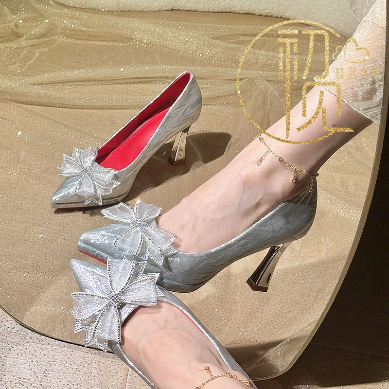 法式蝴蝶结高跟鞋小个子防水台新娘鞋日常百搭不累脚主纱秀禾两穿