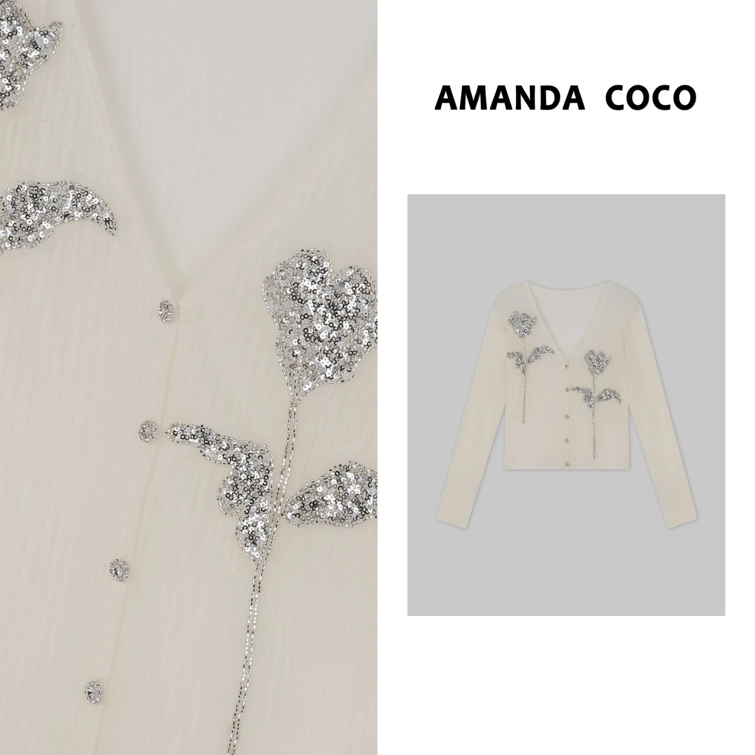 专属|柔光氧气～高定串珠亮片花朵修身v领冰丝小开衫v29211