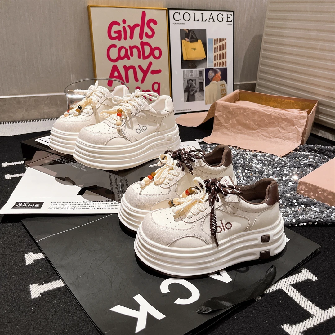 厚底松糕小白鞋女串珠流苏系带休闲板鞋秋季时尚百搭小个子女鞋潮