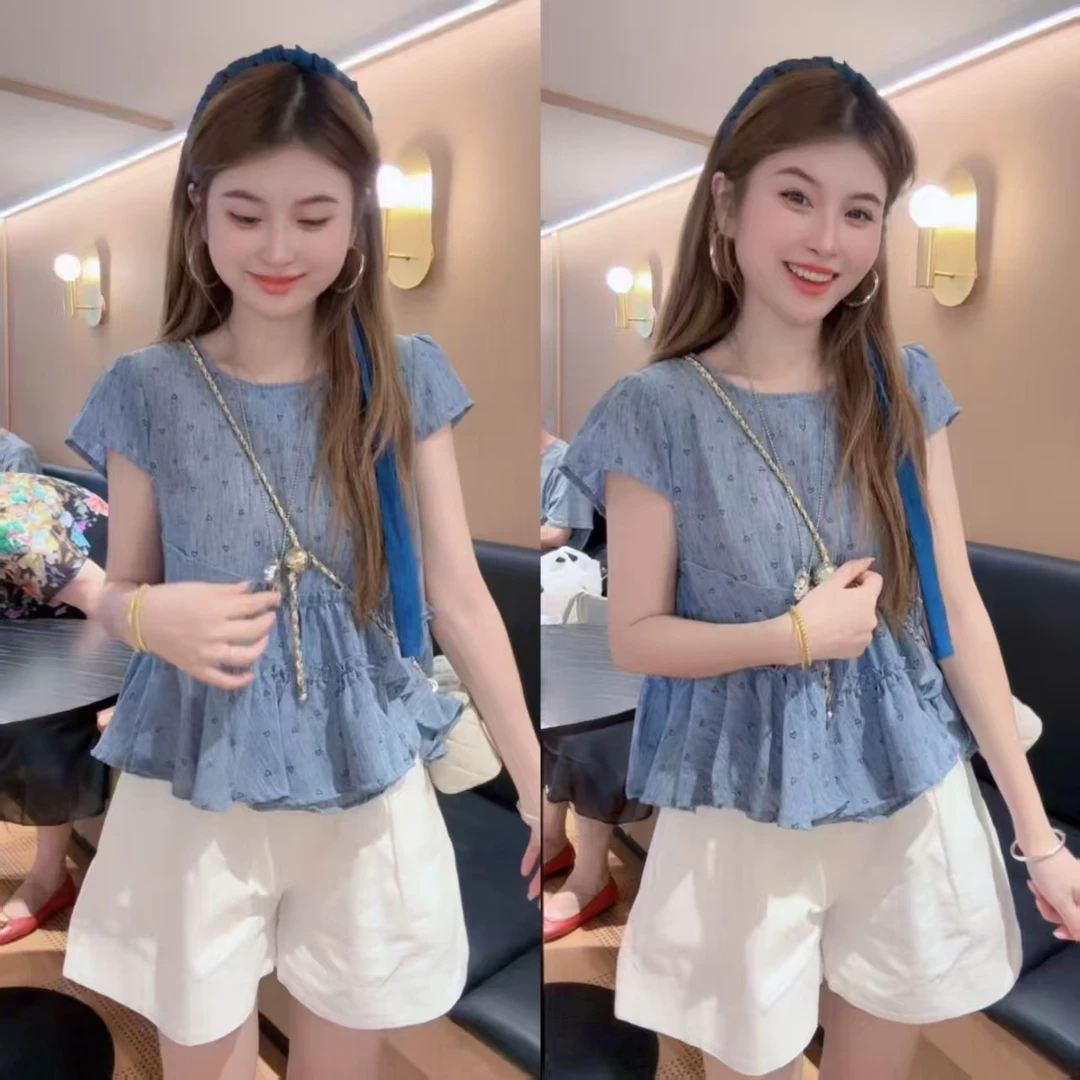 爱心印花压皱花边短袖衬衣女夏季气质休闲小衫不规则拼接上衣