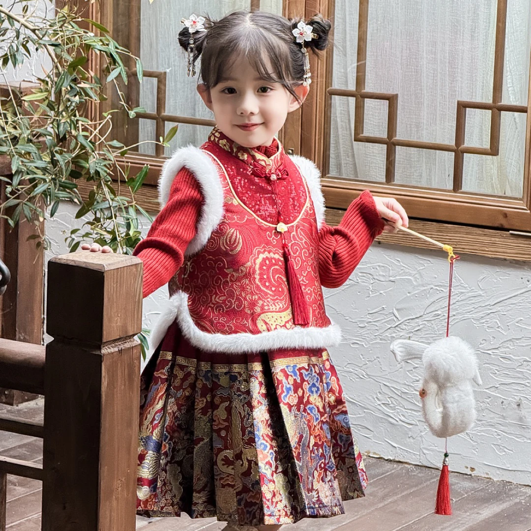 中式马面裙拜年服中国风喜庆冬季儿童女童红色女孩加绒加厚冬款