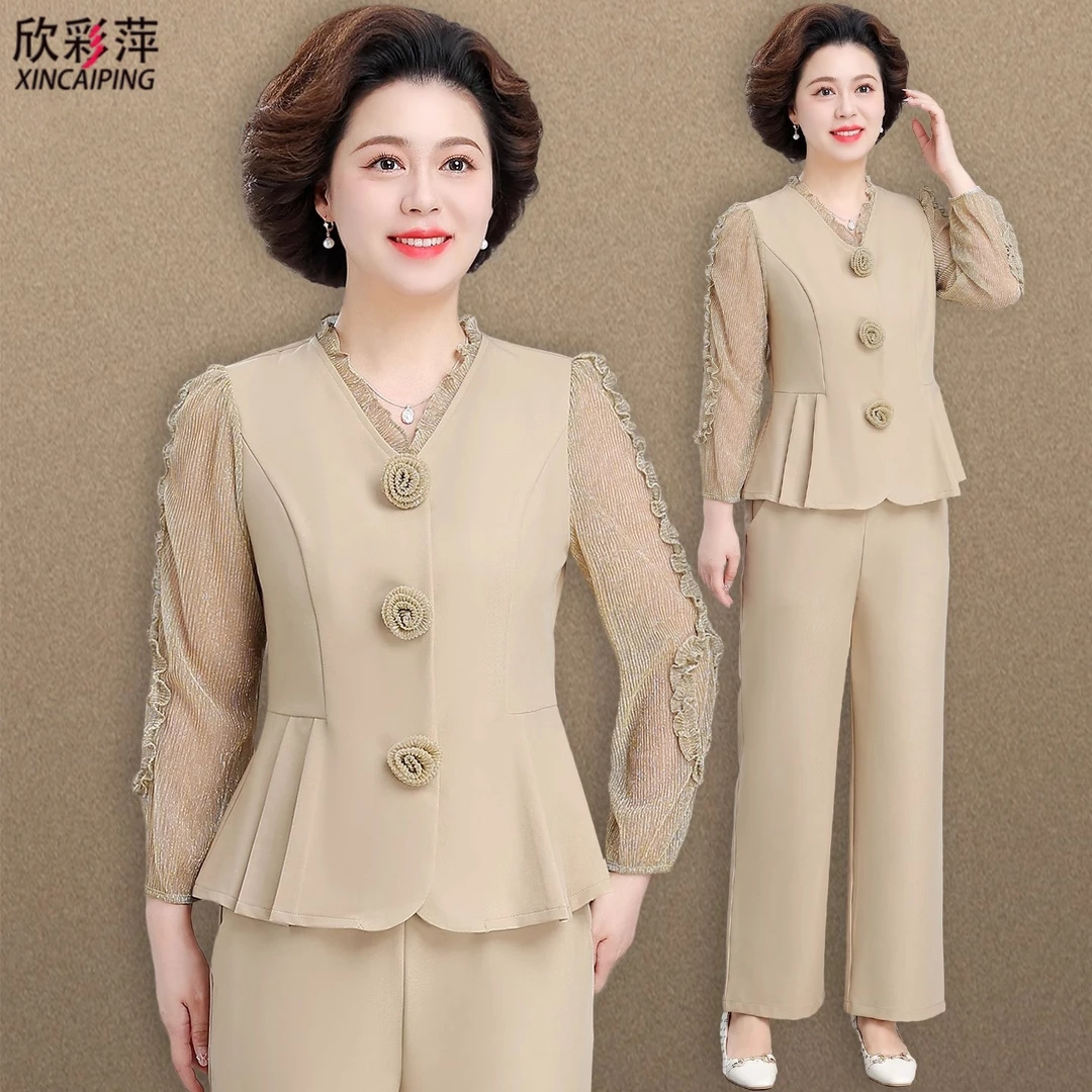 年轻妈妈秋装套装时尚阔太太秋季设计感收腰上衣服中老年人女春秋