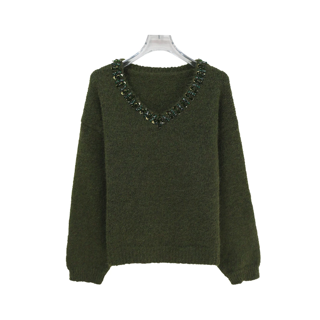 高级感重工V领亮片镶钻慵懒风针织衫X27935