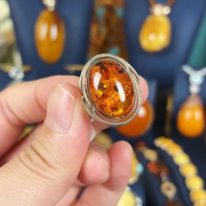 琥珀银S925镶嵌戒指