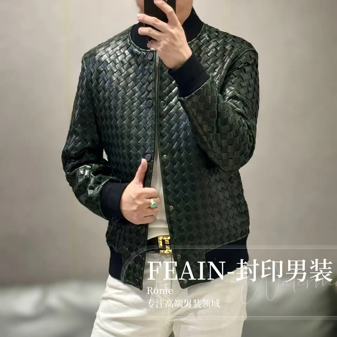 【真皮编织】高端男士双色撞色拼接真皮手工编织夹克24072