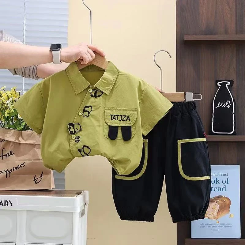 男童衬衫短袖套装2025夏季新款儿童卡通洋气宝宝薄款夏装两件套潮