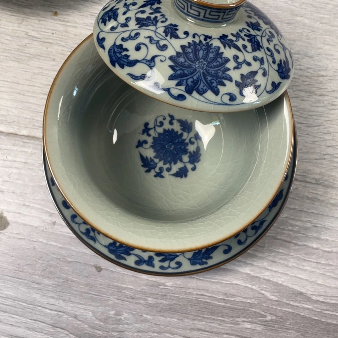 杯缠枝莲老淘泥元宝盖碗微瑕