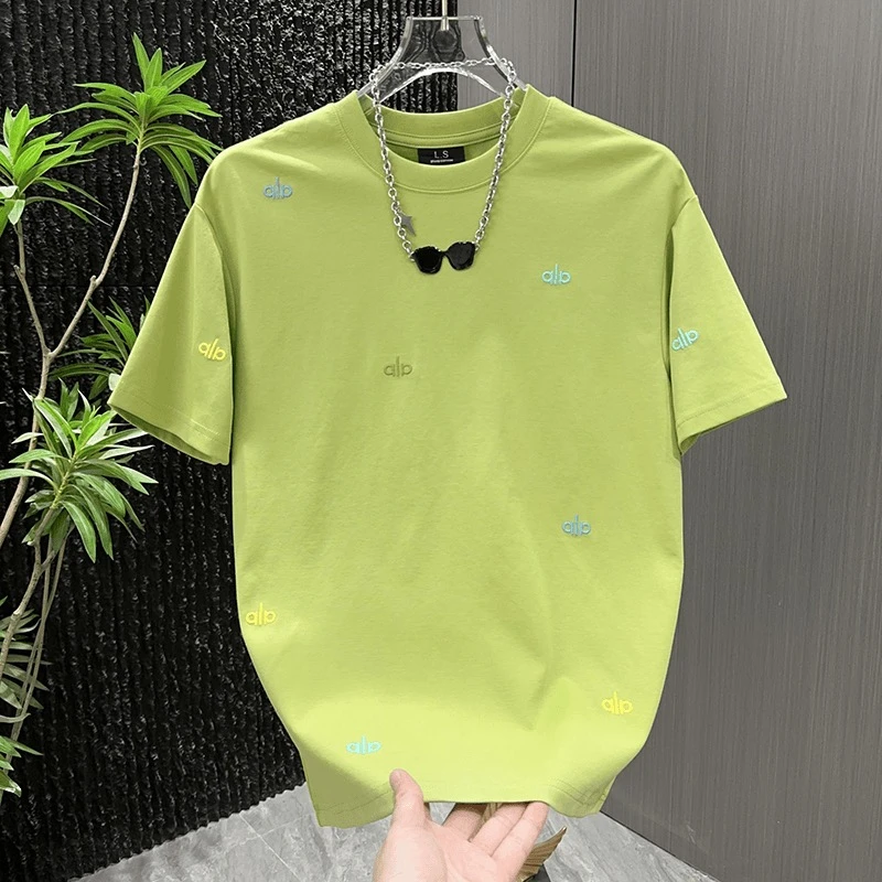 夏季迷彩风T恤圆领韩版果绿色男士t恤刺绣休闲宽松2851