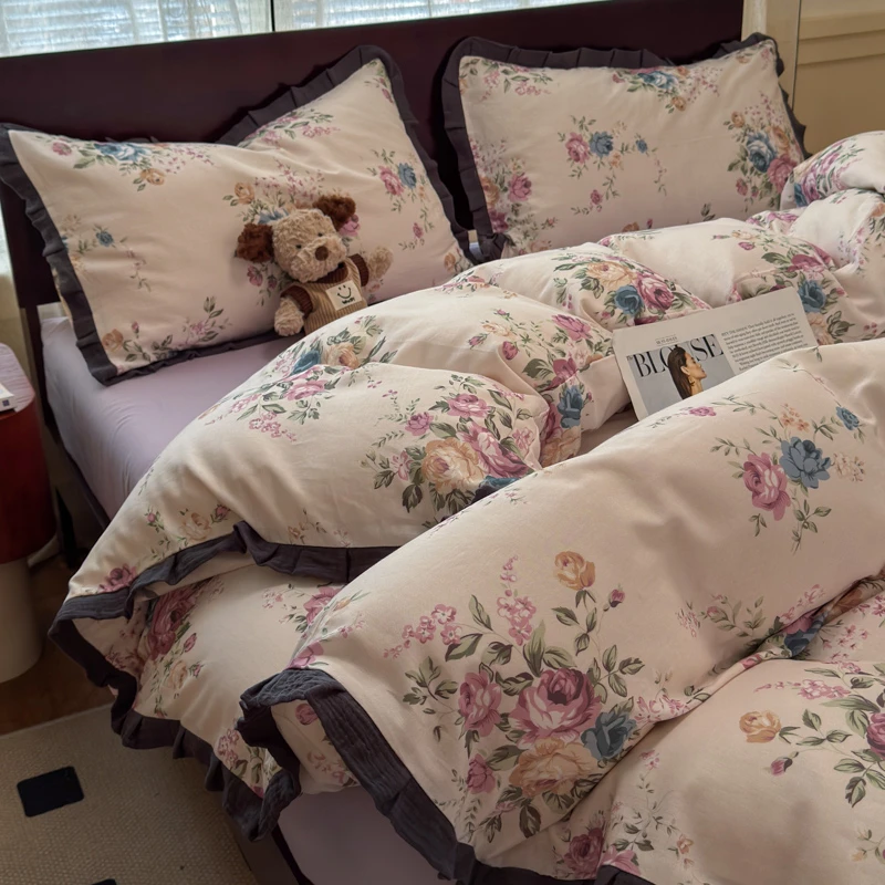 A类复古花匠双层纱皱皱花边床上四件套纯棉100%全棉被套床单床笠