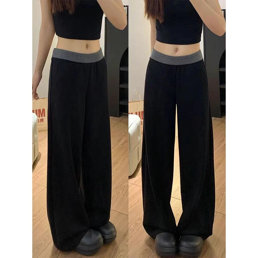 秋季新款拼接休闲运动裤女胖妹妹高腰宽松显瘦阔腿拖地裤5923#