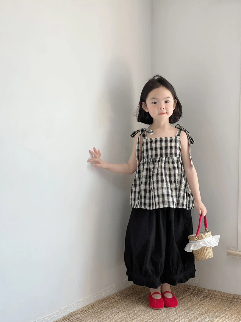 女童夏季格子薄款吊带背心娃娃衫棉布宝宝夏天洋气上衣儿童半身裙