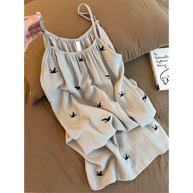 新中式国风复古大雁印花睡裙女夏季新款大码外穿吊带连衣裙家居服