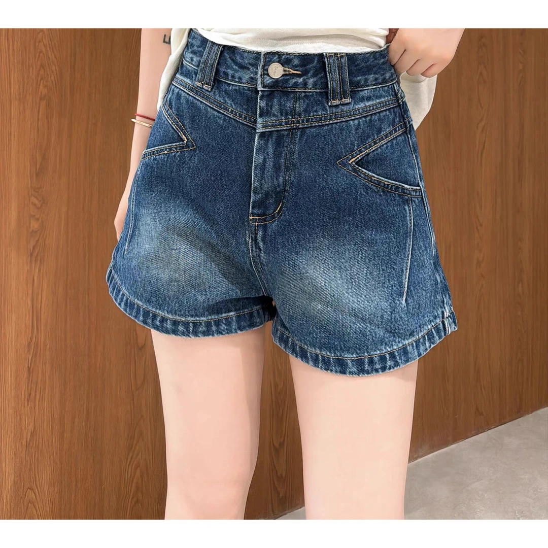 8765#欧洲站2025夏季高腰双扣袢A字版三角口袋设计显瘦牛仔短裤
