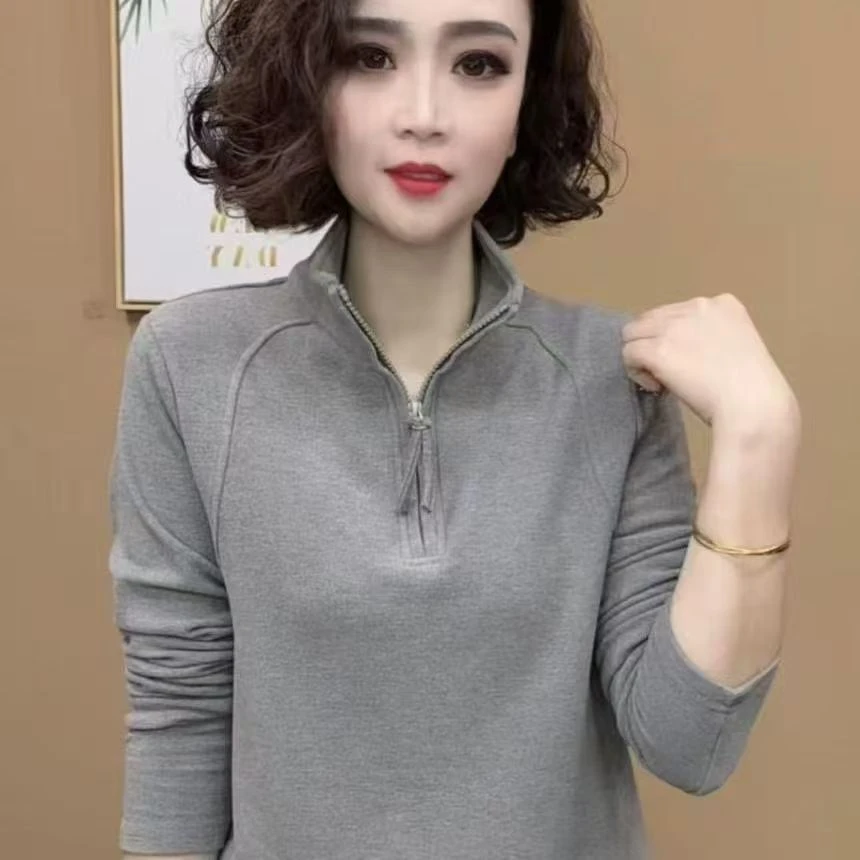 2024年秋冬季新品时尚百搭修身显瘦休闲加厚半拉链打底女士上衣