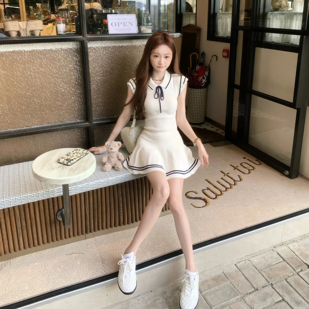夏季学院海军风小飞袖软糯针织系带连衣裙