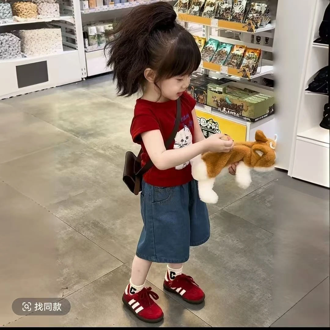 女童套装2025夏季新款洋气上衣女宝宝薄款短袖夏装牛仔中裤两件套