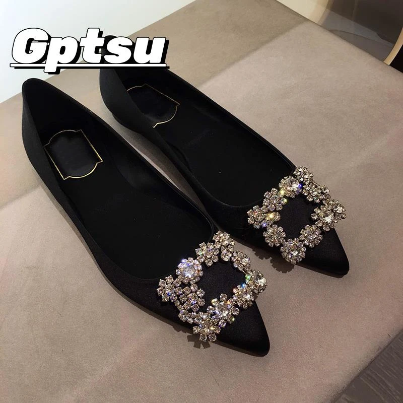 GPTSu平底鞋尖头水钻方扣单鞋夏季薄款浅口绸缎时尚女鞋新娘婚鞋