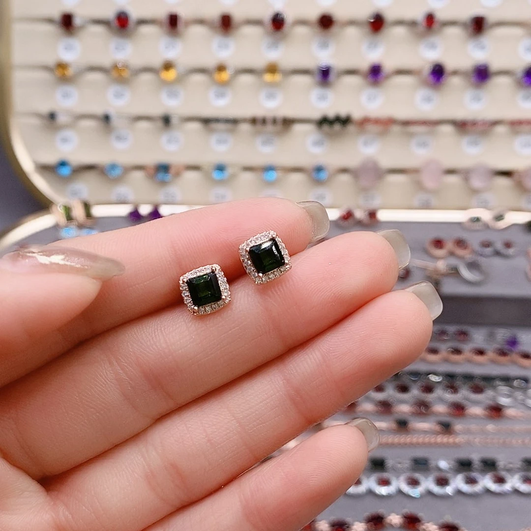 碧玺耳钉银S925镶嵌耳钉