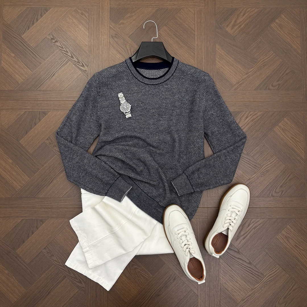 LANSIM·意式老钱风复古100%绵羊毛针织衫男士肌理感休闲圆领毛衣