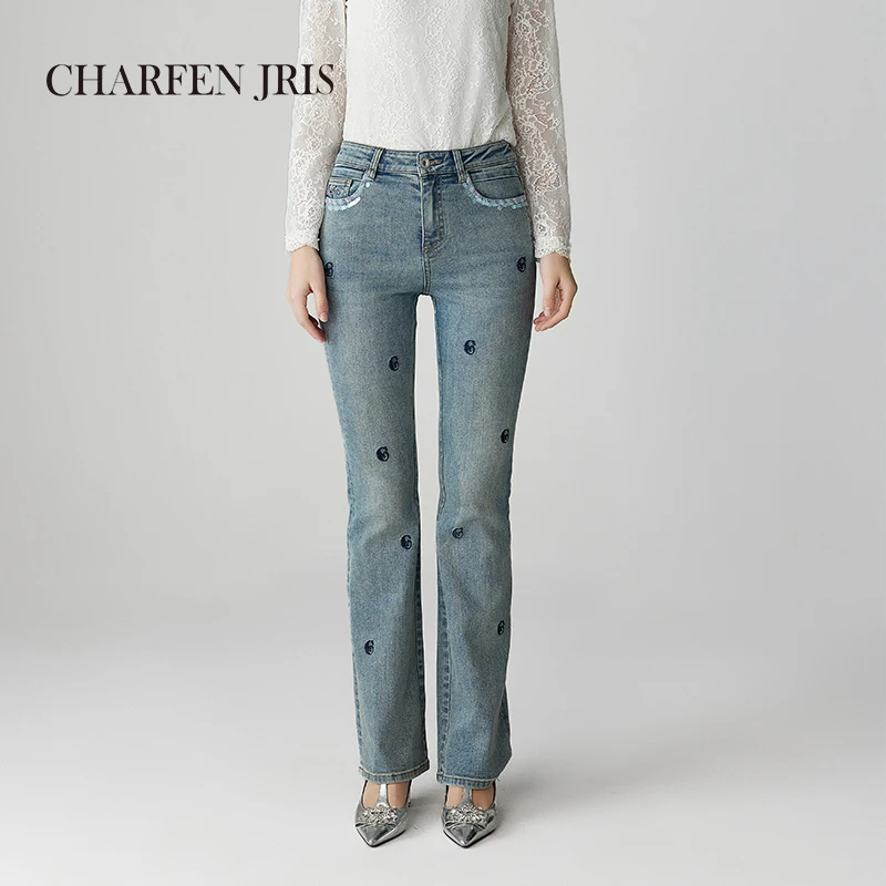 【达人专属】朝峰春季新款复古修身绣花微喇牛仔裤FJF1A660-6109P