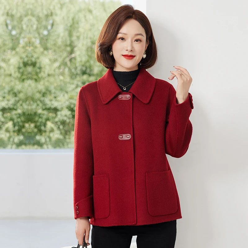 妈妈春秋毛呢外套女新款洋气50岁中老年春秋装短款双面绒呢子大衣