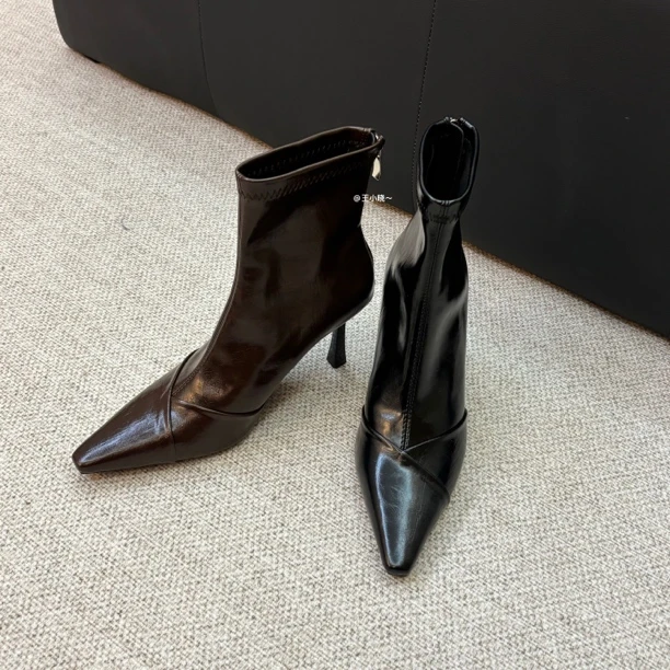 2025秋冬新品～法式秋冬交叉设计感细跟时装靴软尖头百搭女靴气质