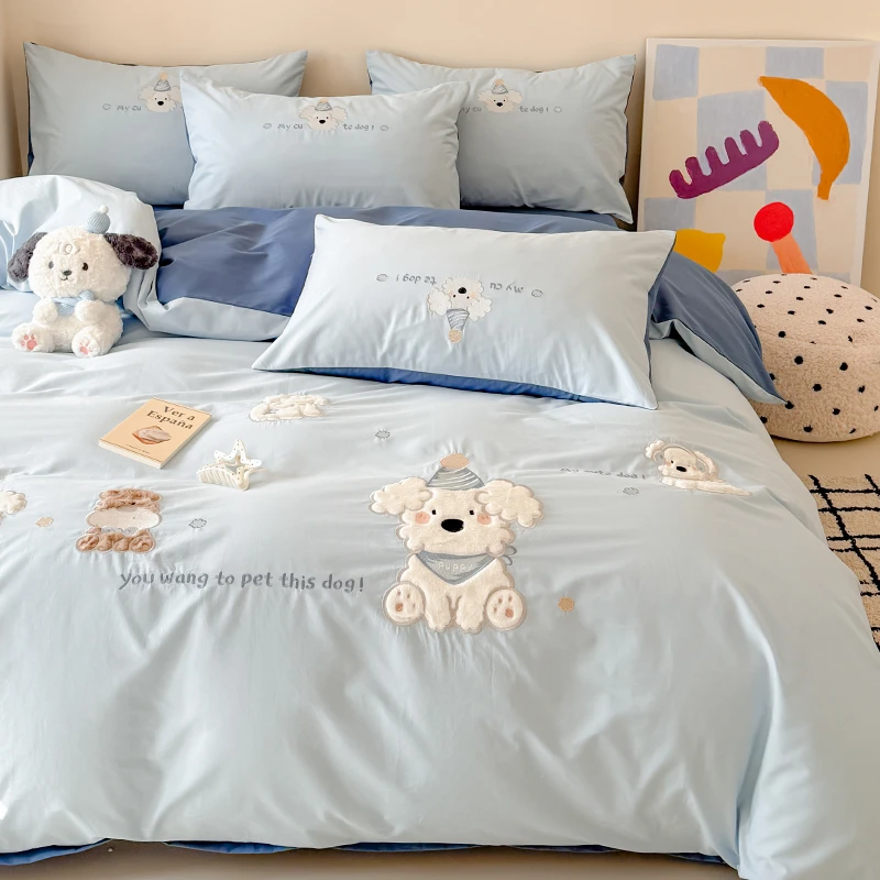 卡通全棉水洗棉毛巾绣四件套儿童高端纯棉被套床单床上用品三件套