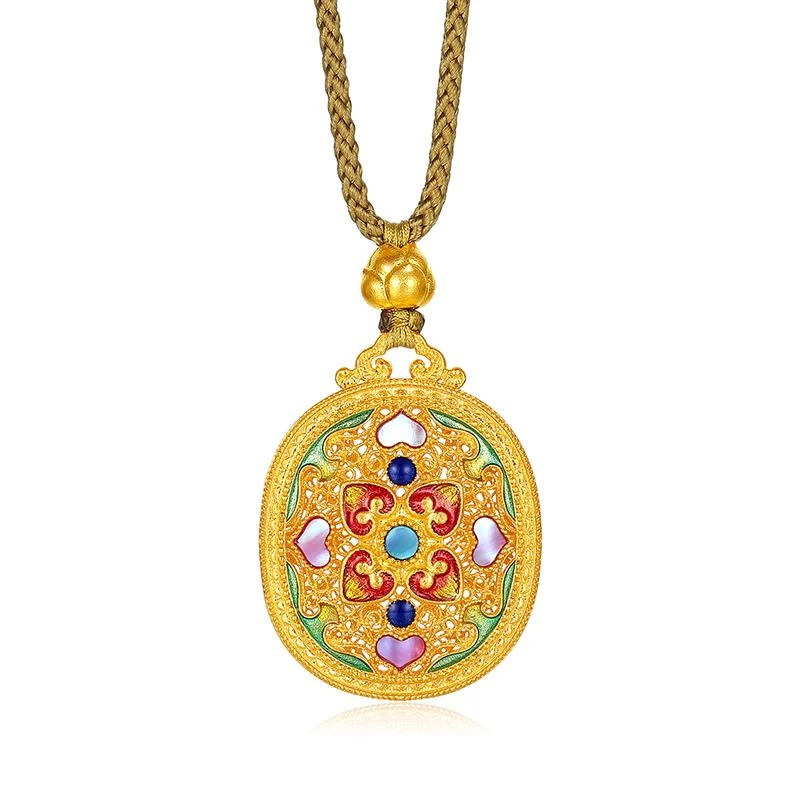 福满圆珠宝3 足金 古法螺钿花丝爱心吊坠