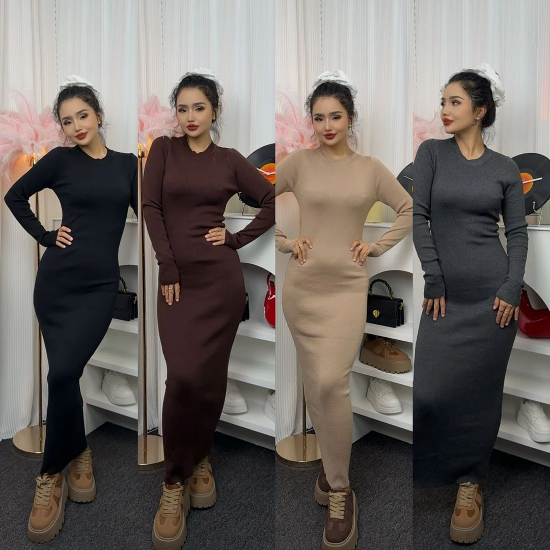 گەرىس长度130圆领针织连衣裙秋冬款半高领过膝修身长裙0008