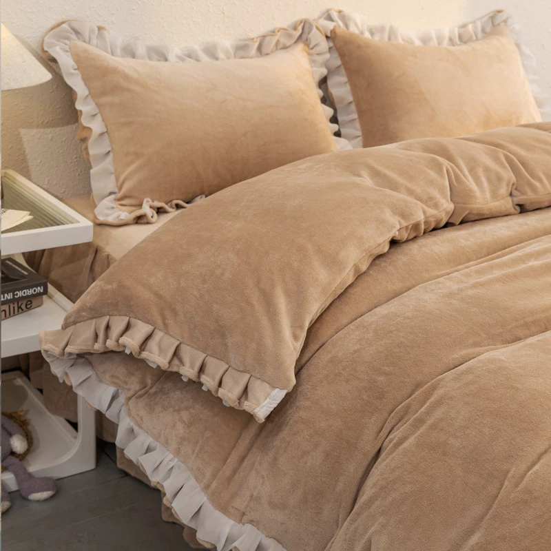 牛奶绒冬季法兰绒床上四件套加厚牛奶珊瑚绒花边被套床单床笠床裙