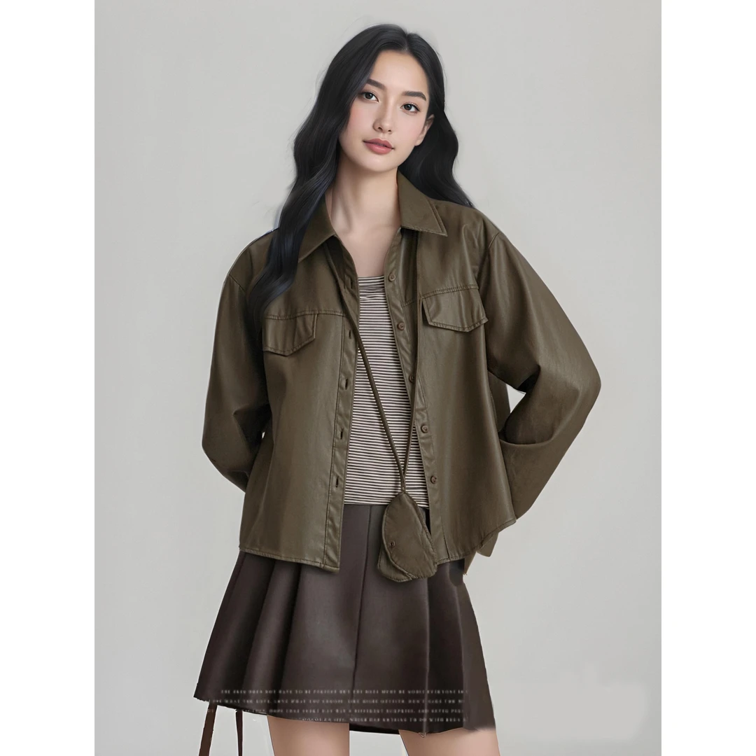 parkyeon美式复古咖色翻领pu皮夹克女2025早秋潮流时尚机车风外套