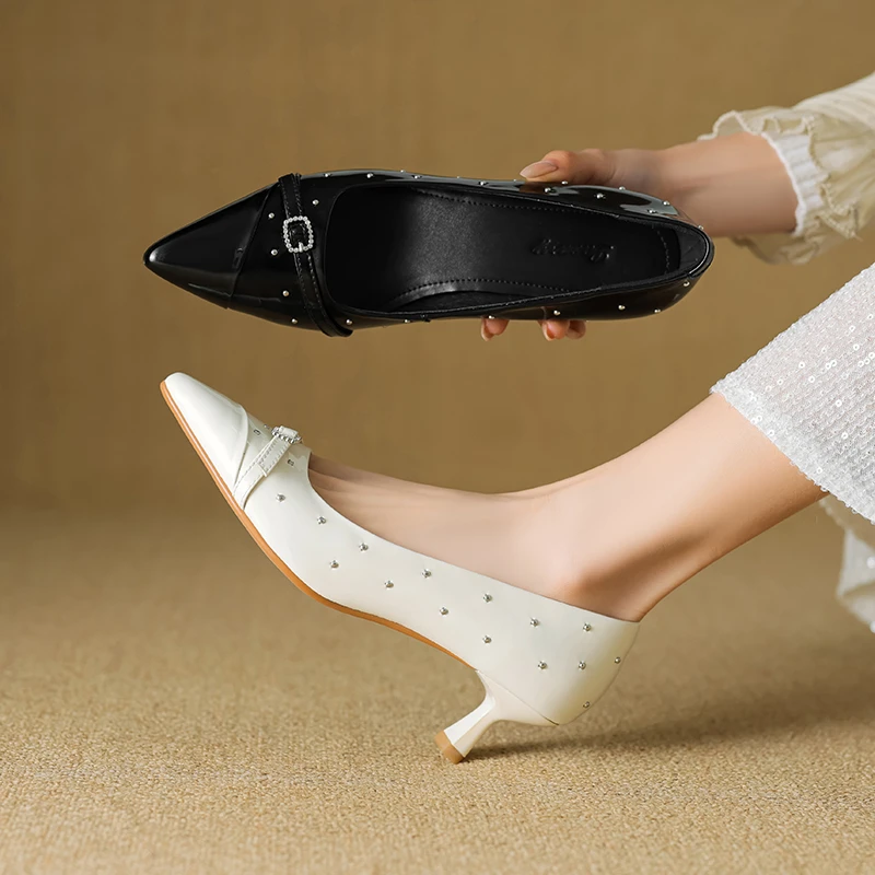 5cm尖头细跟高跟鞋女白色浅口春秋羊漆皮中跟单鞋气质黑色四季鞋