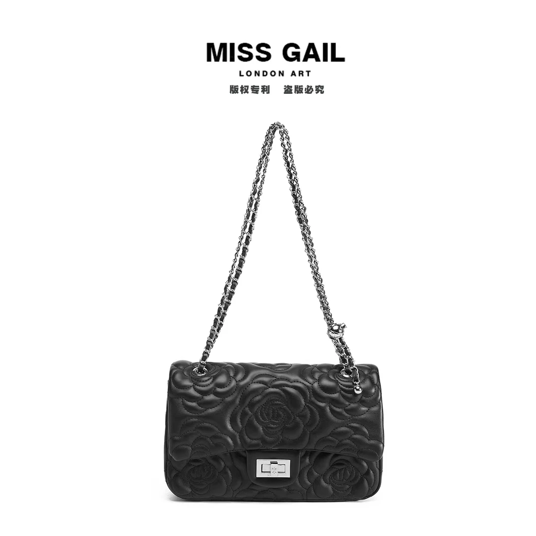 Miss Gail轻奢时尚潮流山茶花气质高颜值手提斜挎包1448黑色