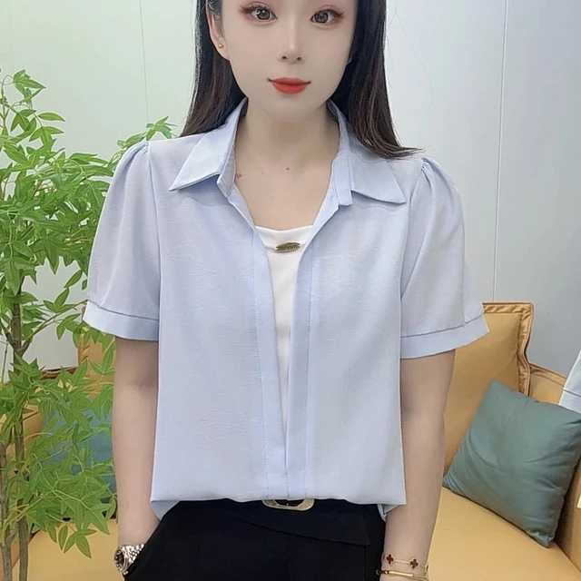2025夏季爆款时尚洋气百搭休闲宽松翻领拼接短袖假两件衬衫上衣女