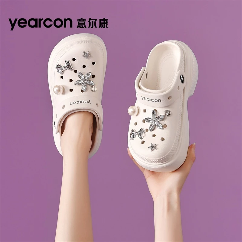 YEARCON/意尔康夏季新款厚底包头洞洞鞋女外穿软底舒适增高时尚鞋